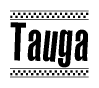 The image contains the text Tauga in a bold, stylized font, with a checkered flag pattern bordering the top and bottom of the text.