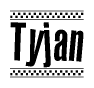   The image contains the text Tyjan in a bold, stylized font, with a checkered flag pattern bordering the top and bottom of the text. 