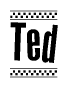 The image is a black and white clipart of the text Ted in a bold, italicized font. The text is bordered by a dotted line on the top and bottom, and there are checkered flags positioned at both ends of the text, usually associated with racing or finishing lines.