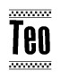 The image contains the text Teo in a bold, stylized font, with a checkered flag pattern bordering the top and bottom of the text.