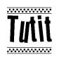 The image is a black and white clipart of the text Tutit in a bold, italicized font. The text is bordered by a dotted line on the top and bottom, and there are checkered flags positioned at both ends of the text, usually associated with racing or finishing lines.