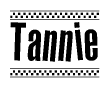 The clipart image displays the text Tannie in a bold, stylized font. It is enclosed in a rectangular border with a checkerboard pattern running below and above the text, similar to a finish line in racing. 