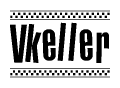 The image contains the text Vkeller in a bold, stylized font, with a checkered flag pattern bordering the top and bottom of the text.