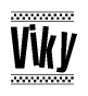 The image contains the text Viky in a bold, stylized font, with a checkered flag pattern bordering the top and bottom of the text.