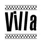 The image is a black and white clipart of the text Villa in a bold, italicized font. The text is bordered by a dotted line on the top and bottom, and there are checkered flags positioned at both ends of the text, usually associated with racing or finishing lines.