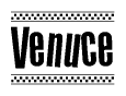 The image is a black and white clipart of the text Venuce in a bold, italicized font. The text is bordered by a dotted line on the top and bottom, and there are checkered flags positioned at both ends of the text, usually associated with racing or finishing lines.