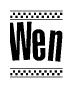 The image is a black and white clipart of the text Wen in a bold, italicized font. The text is bordered by a dotted line on the top and bottom, and there are checkered flags positioned at both ends of the text, usually associated with racing or finishing lines.
