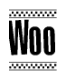 The image contains the text Woo in a bold, stylized font, with a checkered flag pattern bordering the top and bottom of the text.