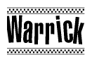   The image is a black and white clipart of the text Warrick in a bold, italicized font. The text is bordered by a dotted line on the top and bottom, and there are checkered flags positioned at both ends of the text, usually associated with racing or finishing lines. 