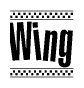 The clipart image displays the text Wing in a bold, stylized font. It is enclosed in a rectangular border with a checkerboard pattern running below and above the text, similar to a finish line in racing. 
