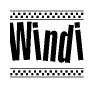 The clipart image displays the text Windi in a bold, stylized font. It is enclosed in a rectangular border with a checkerboard pattern running below and above the text, similar to a finish line in racing. 