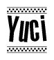 The image contains the text Yuci in a bold, stylized font, with a checkered flag pattern bordering the top and bottom of the text.