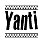   The image is a black and white clipart of the text Yanti in a bold, italicized font. The text is bordered by a dotted line on the top and bottom, and there are checkered flags positioned at both ends of the text, usually associated with racing or finishing lines. 