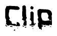 This nametag says Clip, and has a static looking effect at the bottom of the words. The words are in a stylized font.