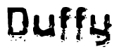The image contains the word Duffy in a stylized font with a static looking effect at the bottom of the words