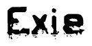 This nametag says Exie, and has a static looking effect at the bottom of the words. The words are in a stylized font.