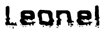 This nametag says Leonel, and has a static looking effect at the bottom of the words. The words are in a stylized font.