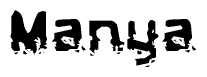This nametag says Manya, and has a static looking effect at the bottom of the words. The words are in a stylized font.