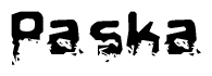 This nametag says Paska, and has a static looking effect at the bottom of the words. The words are in a stylized font.