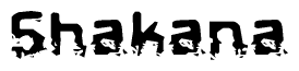 This nametag says Shakana, and has a static looking effect at the bottom of the words. The words are in a stylized font.