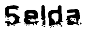 This nametag says Selda, and has a static looking effect at the bottom of the words. The words are in a stylized font.