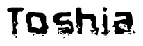 This nametag says Toshia, and has a static looking effect at the bottom of the words. The words are in a stylized font.