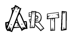 The image contains the name Arti written in a decorative, stylized font with a hand-drawn appearance. The lines are made up of what appears to be planks of wood, which are nailed together