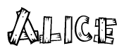 The image contains the name Alice written in a decorative, stylized font with a hand-drawn appearance. The lines are made up of what appears to be planks of wood, which are nailed together