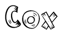 The clipart image shows the name Cox stylized to look as if it has been constructed out of wooden planks or logs. Each letter is designed to resemble pieces of wood.