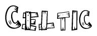 The image contains the name Celtic written in a decorative, stylized font with a hand-drawn appearance. The lines are made up of what appears to be planks of wood, which are nailed together