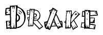 The clipart image shows the name Drake stylized to look as if it has been constructed out of wooden planks or logs. Each letter is designed to resemble pieces of wood.