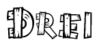 The image contains the name Drei written in a decorative, stylized font with a hand-drawn appearance. The lines are made up of what appears to be planks of wood, which are nailed together