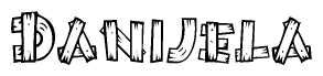 The image contains the name Danijela written in a decorative, stylized font with a hand-drawn appearance. The lines are made up of what appears to be planks of wood, which are nailed together