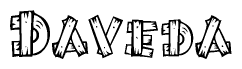 The image contains the name Daveda written in a decorative, stylized font with a hand-drawn appearance. The lines are made up of what appears to be planks of wood, which are nailed together