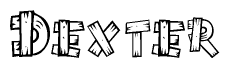 The clipart image shows the name Dexter stylized to look as if it has been constructed out of wooden planks or logs. Each letter is designed to resemble pieces of wood.