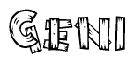 The image contains the name Geni written in a decorative, stylized font with a hand-drawn appearance. The lines are made up of what appears to be planks of wood, which are nailed together