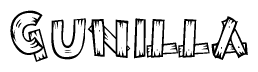 The clipart image shows the name Gunilla stylized to look like it is constructed out of separate wooden planks or boards, with each letter having wood grain and plank-like details.