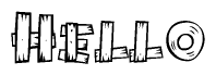 The image contains the name Hello written in a decorative, stylized font with a hand-drawn appearance. The lines are made up of what appears to be planks of wood, which are nailed together