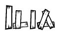 The image contains the name Ilia written in a decorative, stylized font with a hand-drawn appearance. The lines are made up of what appears to be planks of wood, which are nailed together
