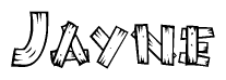 The clipart image shows the name Jayne stylized to look as if it has been constructed out of wooden planks or logs. Each letter is designed to resemble pieces of wood.