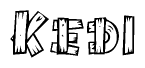 The image contains the name Kedi written in a decorative, stylized font with a hand-drawn appearance. The lines are made up of what appears to be planks of wood, which are nailed together
