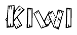 The image contains the name Kiwi written in a decorative, stylized font with a hand-drawn appearance. The lines are made up of what appears to be planks of wood, which are nailed together