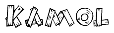 The image contains the name Kamol written in a decorative, stylized font with a hand-drawn appearance. The lines are made up of what appears to be planks of wood, which are nailed together