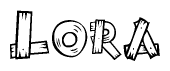 The image contains the name Lora written in a decorative, stylized font with a hand-drawn appearance. The lines are made up of what appears to be planks of wood, which are nailed together