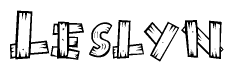 The clipart image shows the name Leslyn stylized to look as if it has been constructed out of wooden planks or logs. Each letter is designed to resemble pieces of wood.