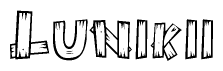 The clipart image shows the name Lunikii stylized to look like it is constructed out of separate wooden planks or boards, with each letter having wood grain and plank-like details.