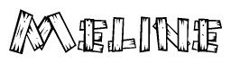 The image contains the name Meline written in a decorative, stylized font with a hand-drawn appearance. The lines are made up of what appears to be planks of wood, which are nailed together