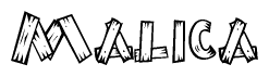 The clipart image shows the name Malica stylized to look as if it has been constructed out of wooden planks or logs. Each letter is designed to resemble pieces of wood.
