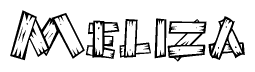 The image contains the name Meliza written in a decorative, stylized font with a hand-drawn appearance. The lines are made up of what appears to be planks of wood, which are nailed together
