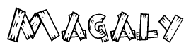 The image contains the name Magaly written in a decorative, stylized font with a hand-drawn appearance. The lines are made up of what appears to be planks of wood, which are nailed together